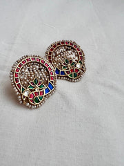 Gold polish kundan, ruby & emerald peacock studs with pearls-Earrings-CI-House of Taamara