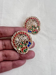 Gold polish kundan, ruby & emerald peacock studs with pearls-Earrings-CI-House of Taamara
