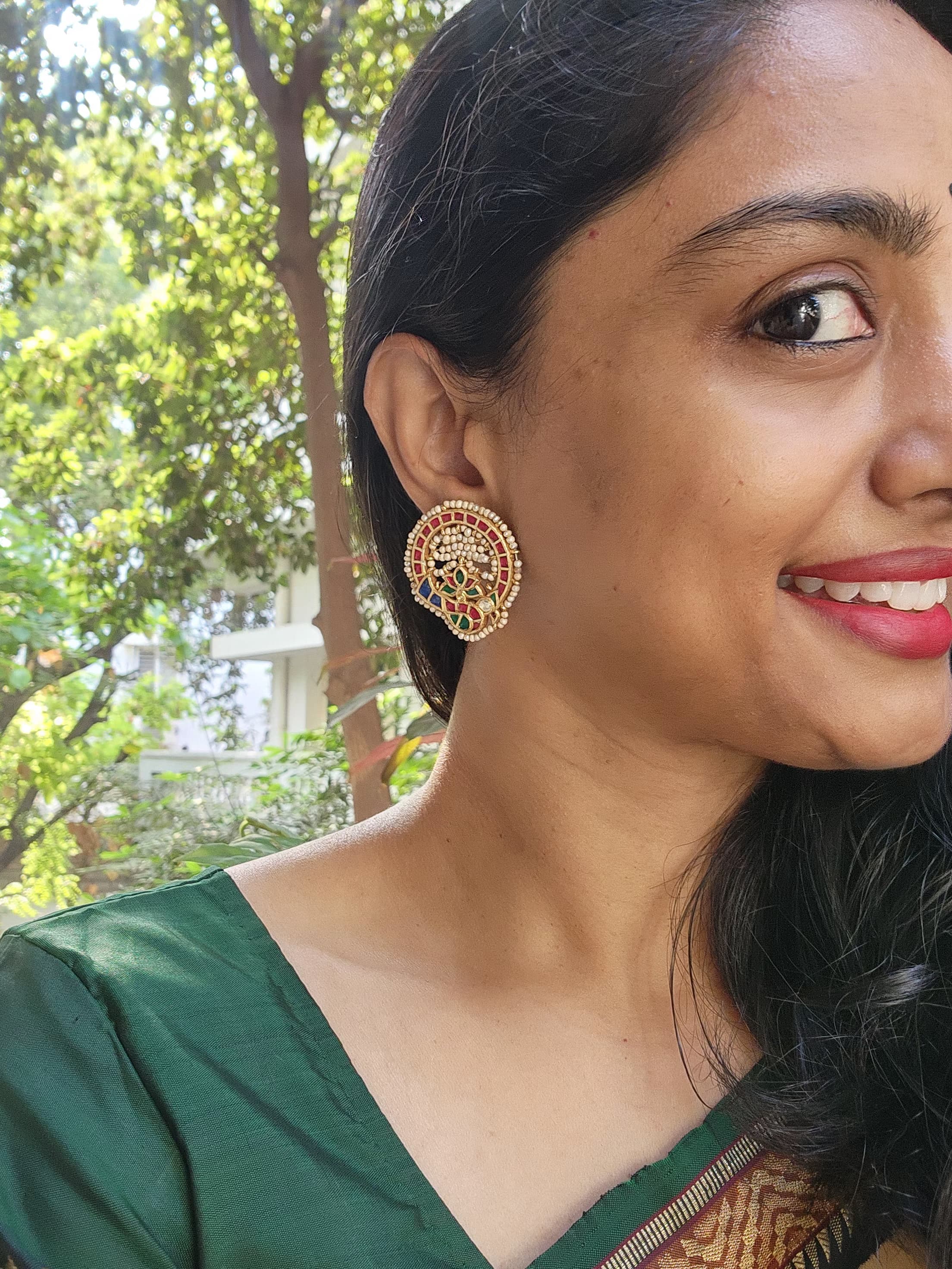 Gold polish kundan, ruby & emerald peacock studs with pearls-Earrings-CI-House of Taamara