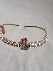 Gold polish kundan, ruby & emerald pendant hasli with pearls-Silver Neckpiece-CI-House of Taamara