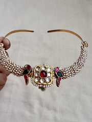 Gold polish kundan, ruby & emerald pendant hasli with pearls-Silver Neckpiece-CI-House of Taamara