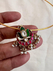 Gold polish kundan, ruby & emerald pendant hasli with pearls-Silver Neckpiece-CI-House of Taamara