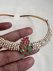Gold polish kundan, ruby & emerald pendant hasli with pearls-Silver Neckpiece-CI-House of Taamara