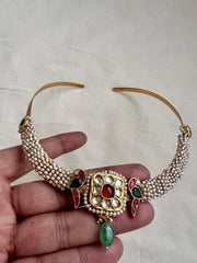 Gold polish kundan, ruby & emerald pendant hasli with pearls-Silver Neckpiece-CI-House of Taamara