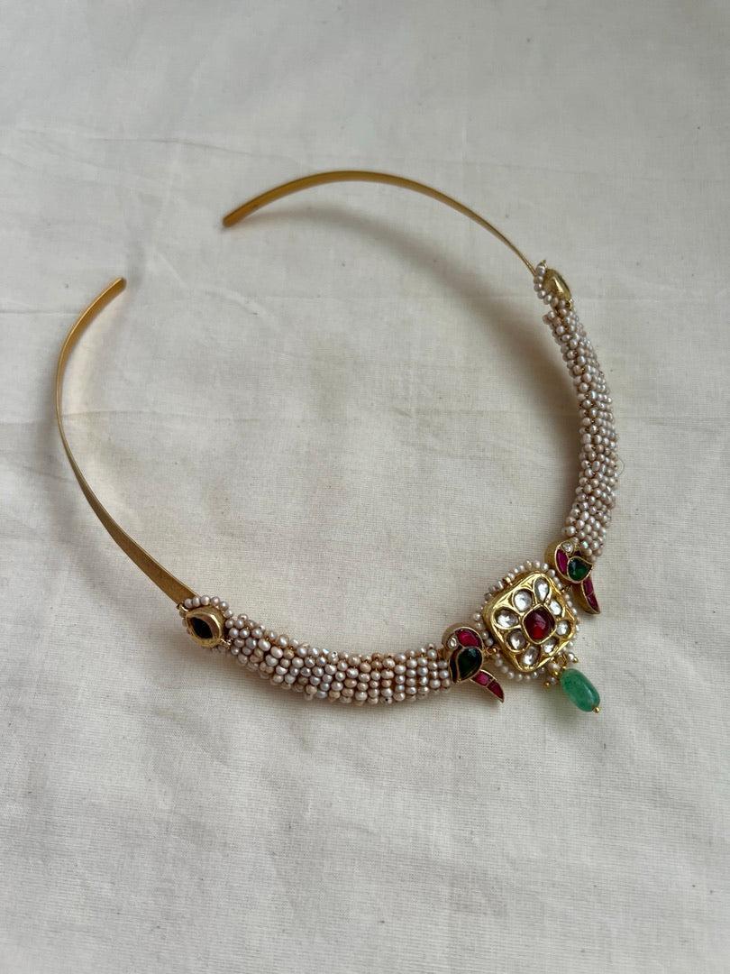 Gold polish kundan, ruby & emerald pendant hasli with pearls-Silver Neckpiece-CI-House of Taamara