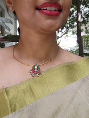Gold polish kundan, ruby & emerald pendant hasli with pearls-Silver Neckpiece-CI-House of Taamara