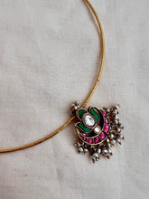 Gold polish kundan, ruby & emerald pendant hasli with pearls-Silver Neckpiece-CI-House of Taamara