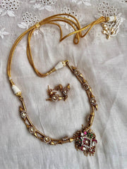 Gold polish kundan, ruby & emerald pendant necklace with earrings, SET-Silver Neckpiece-CI-House of Taamara