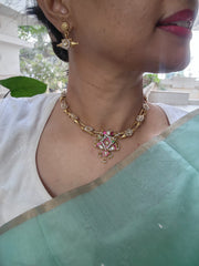 Gold polish kundan, ruby & emerald pendant necklace with earrings, SET-Silver Neckpiece-CI-House of Taamara