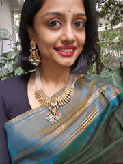 Gold polish kundan, ruby & emerald pendant pearls necklace with earrings, SET-Silver Neckpiece-CI-House of Taamara