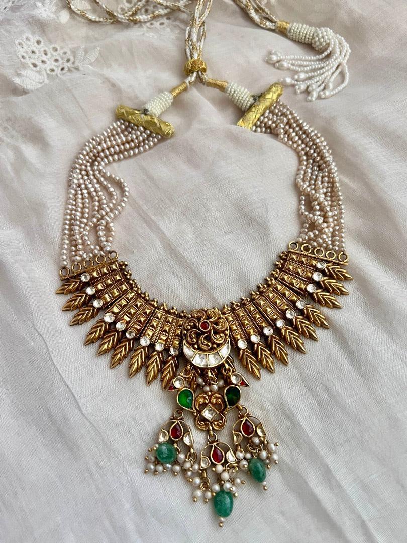 Gold polish kundan, ruby & emerald pendant pearls necklace with earrings, SET-Silver Neckpiece-CI-House of Taamara