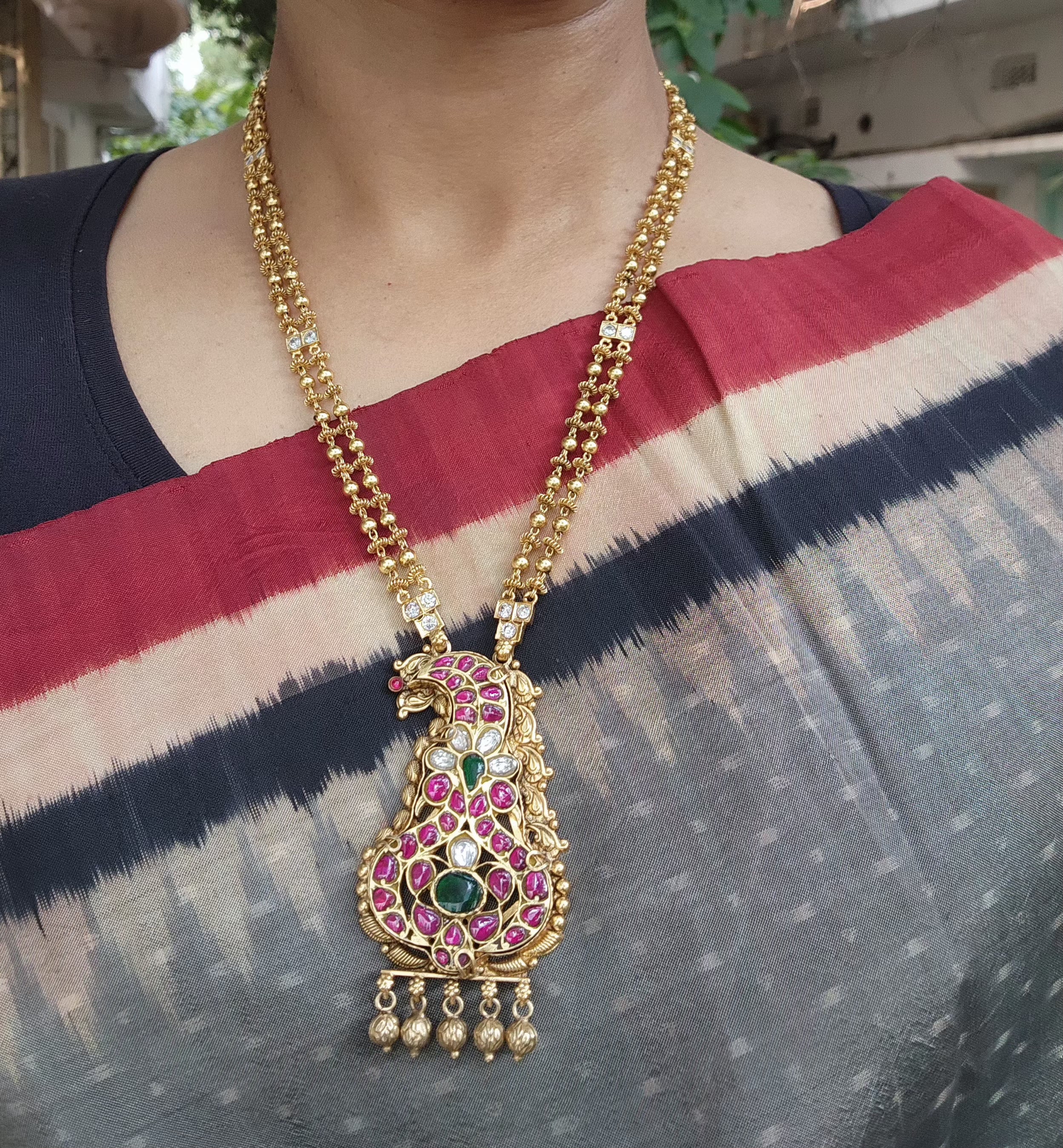 Gold polish kundan, ruby & emerald pendant with gold beads chain-Silver Neckpiece-CI-House of Taamara