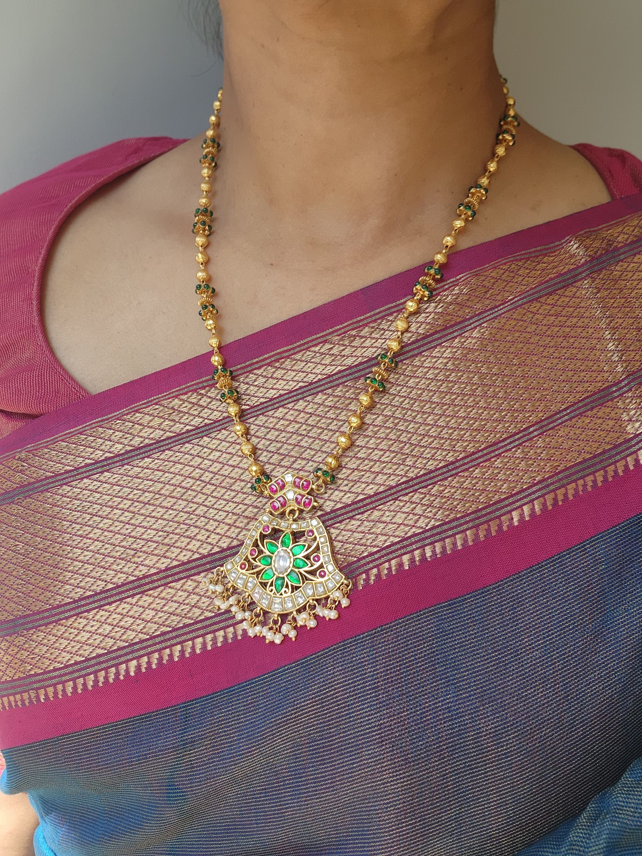 Gold polish kundan, ruby & emerald pendant with gold beads chain and pearls-Silver Neckpiece-CI-House of Taamara