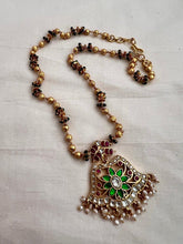 Gold polish kundan, ruby & emerald pendant with gold beads chain and pearls-Silver Neckpiece-CI-House of Taamara