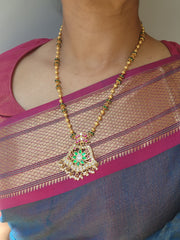 Gold polish kundan, ruby & emerald pendant with gold beads chain and pearls-Silver Neckpiece-CI-House of Taamara