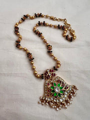 Gold polish kundan, ruby & emerald pendant with gold beads chain and pearls-Silver Neckpiece-CI-House of Taamara