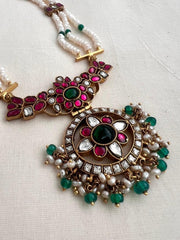 Gold polish kundan, ruby & emerald pendant with pearls chain-Silver Neckpiece-CI-House of Taamara