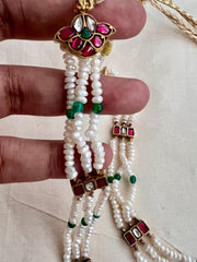 Gold polish kundan, ruby & emerald pendant with pearls chain-Silver Neckpiece-CI-House of Taamara