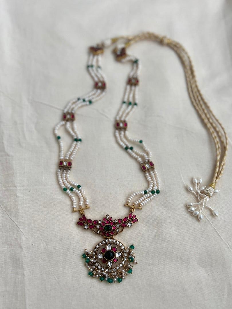Gold polish kundan, ruby & emerald pendant with pearls chain-Silver Neckpiece-CI-House of Taamara