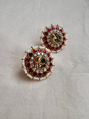 Gold polish kundan, ruby & emerald studs with pearls-Earrings-CI-House of Taamara