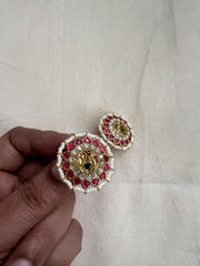 Gold polish kundan, ruby & emerald studs with pearls-Earrings-CI-House of Taamara