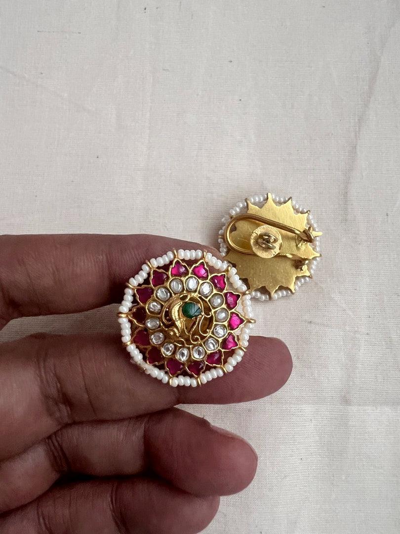Gold polish kundan, ruby & emerald studs with pearls-Earrings-CI-House of Taamara