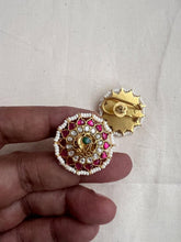 Gold polish kundan, ruby & emerald studs with pearls-Earrings-CI-House of Taamara