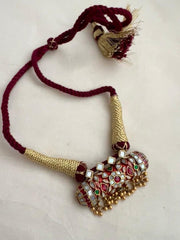Gold polish kundan, ruby & emerald with mother of pearl pendant thread necklace-Silver Neckpiece-CI-House of Taamara
