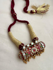 Gold polish kundan, ruby & emerald with mother of pearl pendant thread necklace-Silver Neckpiece-CI-House of Taamara