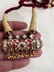 Gold polish kundan, ruby & emerald with mother of pearl pendant thread necklace-Silver Neckpiece-CI-House of Taamara