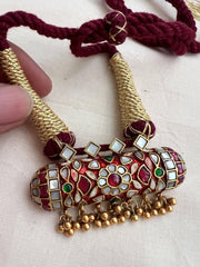 Gold polish kundan, ruby & emerald with mother of pearl pendant thread necklace-Silver Neckpiece-CI-House of Taamara