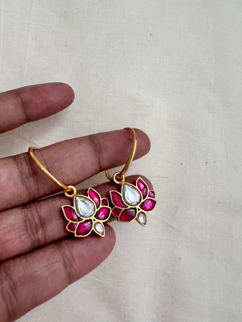 Gold polish kundan & ruby flower loop earrings-Earrings-CI-House of Taamara