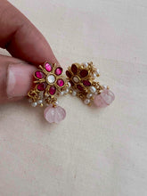 Gold polish kundan & ruby flower studs with pearls-Earrings-CI-House of Taamara