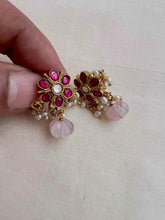 Gold polish kundan & ruby flower studs with pearls-Earrings-CI-House of Taamara