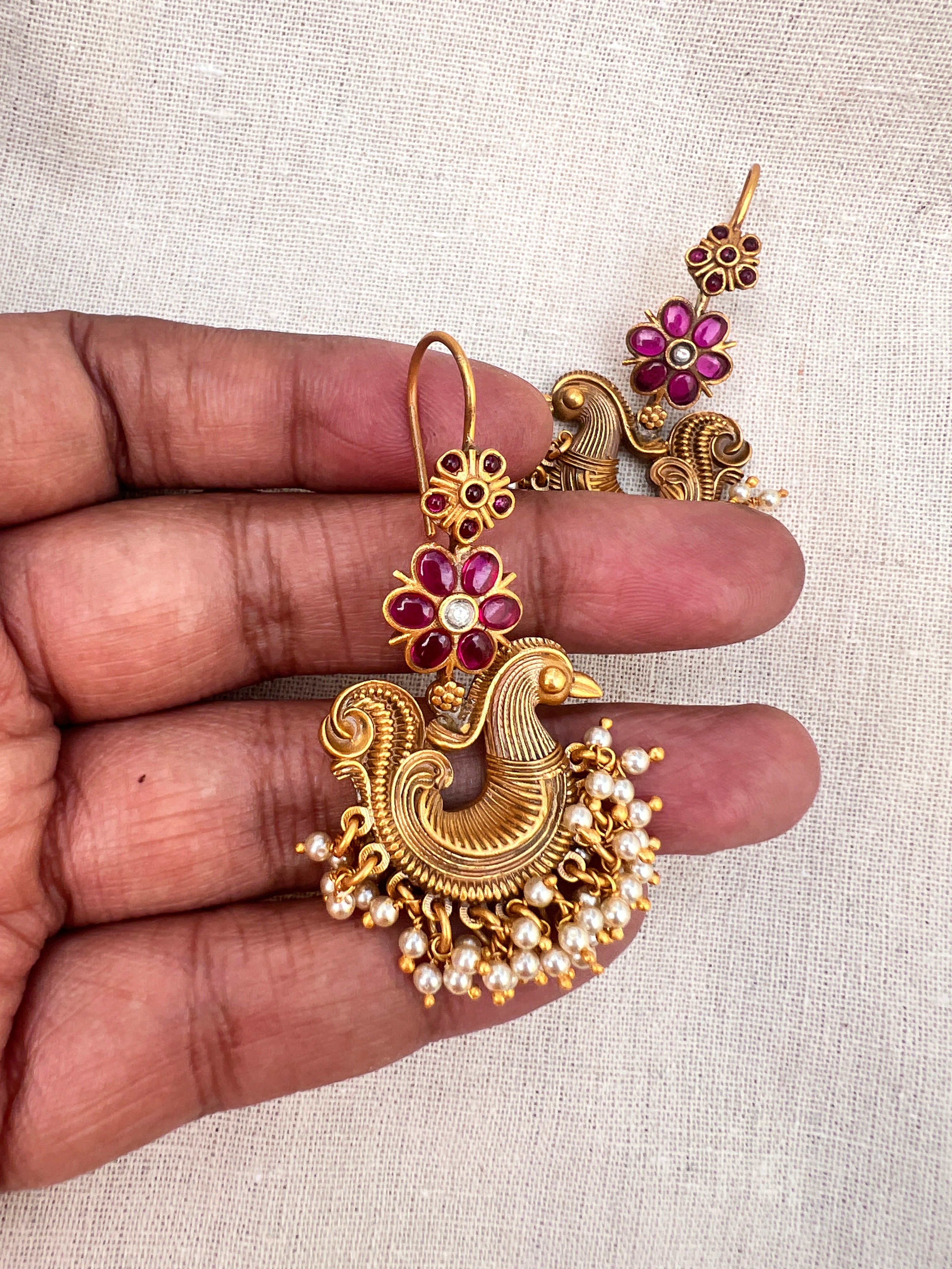 Gold polish kundan & ruby hook earrings with pearls-Earrings-CI-House of Taamara