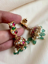 Gold polish kundan & ruby jhumkas with pearls & jade beads-Earrings-CI-House of Taamara