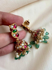 Gold polish kundan & ruby jhumkas with pearls & jade beads-Earrings-CI-House of Taamara