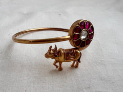 Gold polish kundan & ruby kada with cow motif-Silver Bracelet-CI-House of Taamara