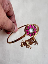 Gold polish kundan & ruby kada with cow motif-Silver Bracelet-CI-House of Taamara
