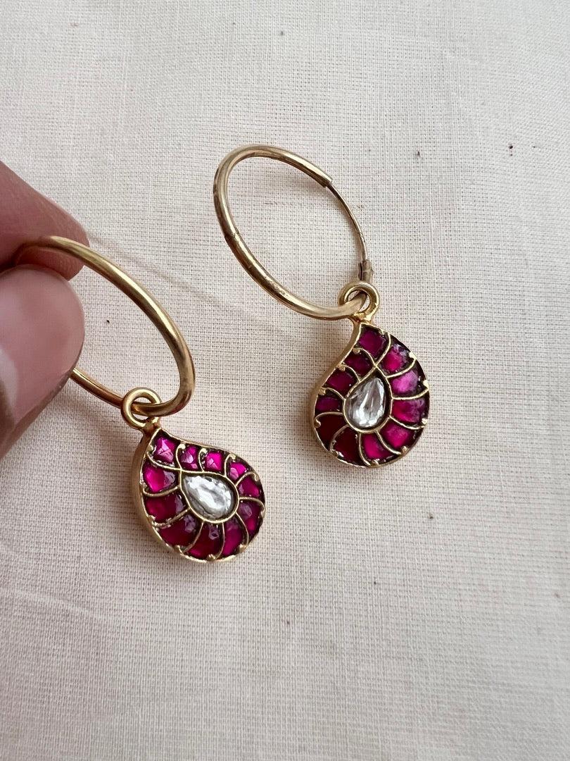 Gold polish kundan & ruby mango loop earrings-Earrings-CI-House of Taamara