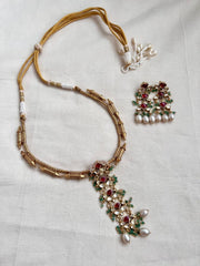 Gold polish kundan & ruby necklace with pearls & jade beads, SET-Silver Neckpiece-CI-House of Taamara