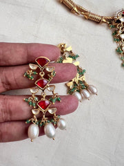 Gold polish kundan & ruby necklace with pearls & jade beads, SET-Silver Neckpiece-CI-House of Taamara