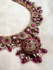 Gold polish kundan & ruby necklace with pearls & ruby beads-Silver Neckpiece-CI-House of Taamara