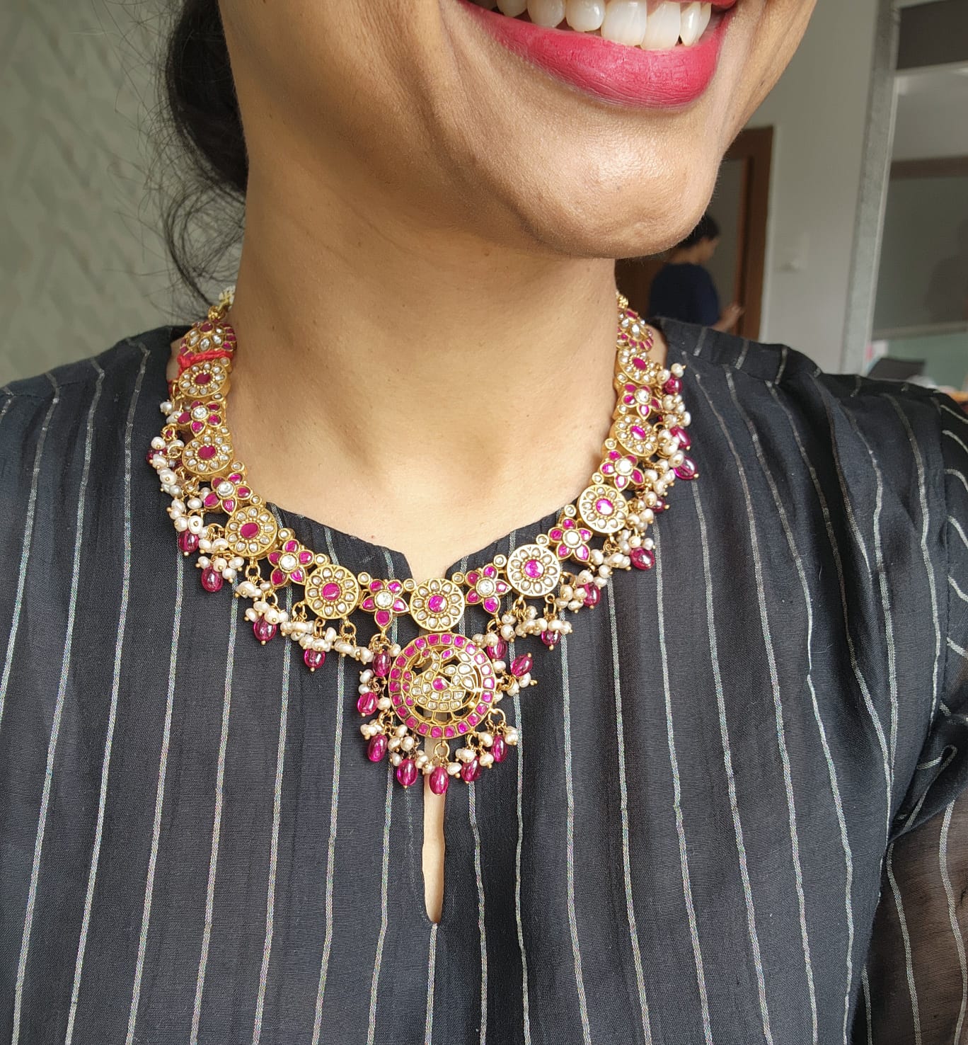 Gold polish kundan & ruby necklace with pearls & ruby beads-Silver Neckpiece-CI-House of Taamara