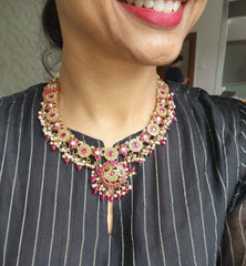 Gold polish kundan & ruby necklace with pearls & ruby beads-Silver Neckpiece-CI-House of Taamara