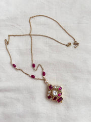 Gold polish kundan & ruby pendant chain with pearls & ruby beads-Silver Neckpiece-CI-House of Taamara