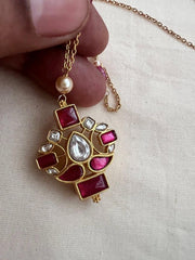 Gold polish kundan & ruby pendant chain with pearls & ruby beads-Silver Neckpiece-CI-House of Taamara