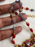 Gold polish kundan & ruby pendant with coral and blue lapis beads chain-Silver Neckpiece-CI-House of Taamara