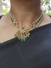 Gold polish kundan & ruby pendant with pearls and jade beads necklace-Silver Neckpiece-CI-House of Taamara