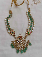 Gold polish kundan & ruby pendant with pearls and jade beads necklace-Silver Neckpiece-CI-House of Taamara